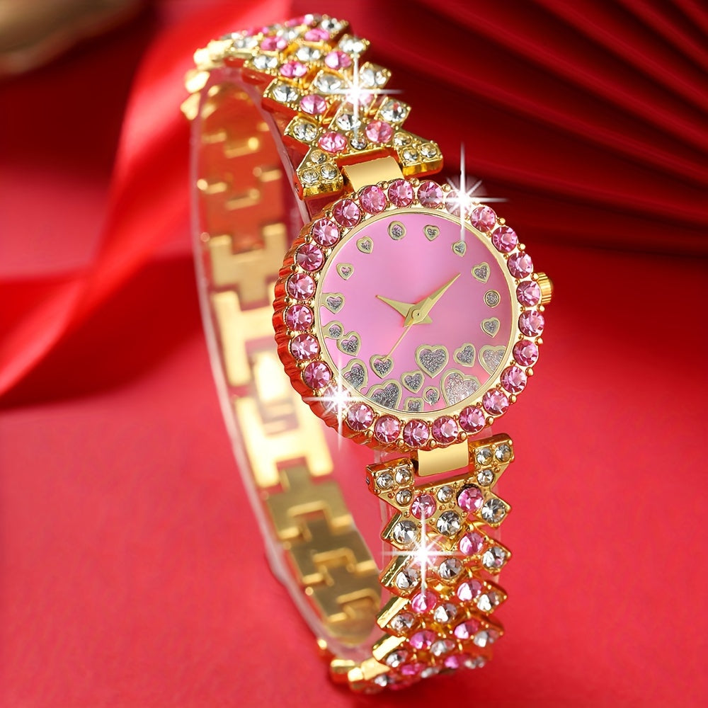 6 Pcs Pink Round Rhinestone Quartz Watch Alloy Strap Alloy Pointer Alloy Case And Rhinestone Bracelet Necklace Earrings Ring Jewelry For Women